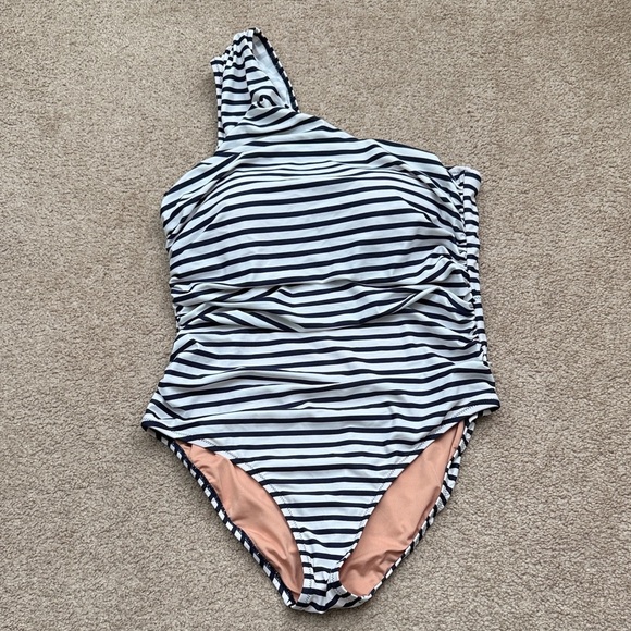 J Crew Sleek Ruched One Shoulder Dark Evening Stripe One Piece Swimsuit Size 14 - Picture 3 of 10
